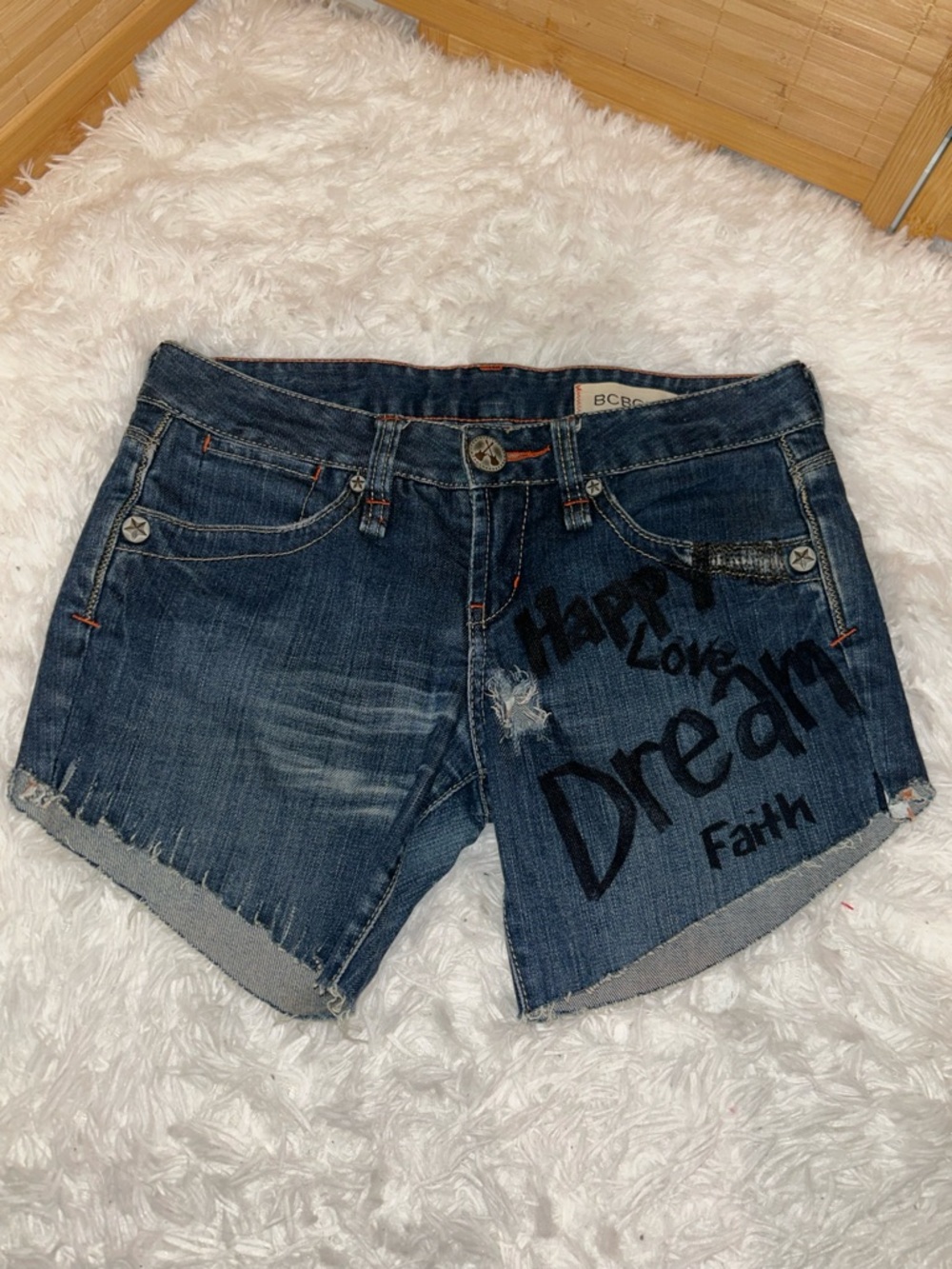 BCBGirls denim jean shorts Happy Love Dream Faith woman’s size 2 26”
